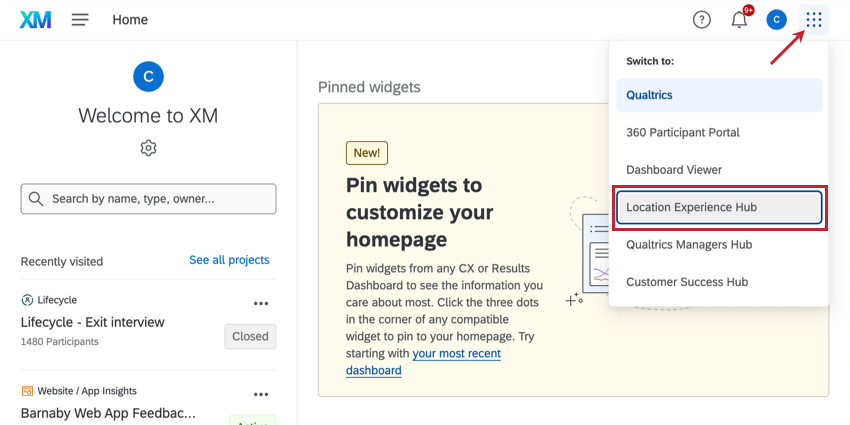navegar até o hub de experiência de localização usando o menu no canto superior direito