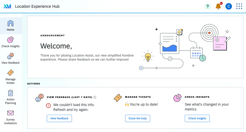 Página de inicio del hub de experiencia en la ubicación