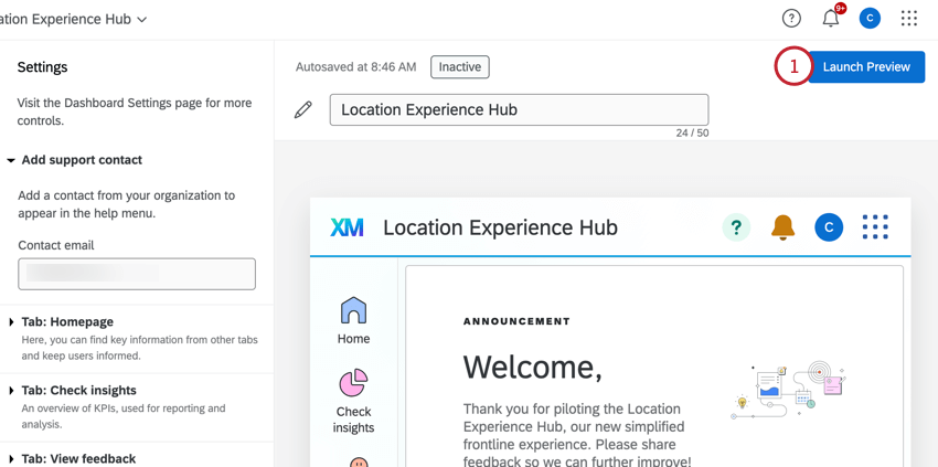 clicking "launch preview" in the location experience hub