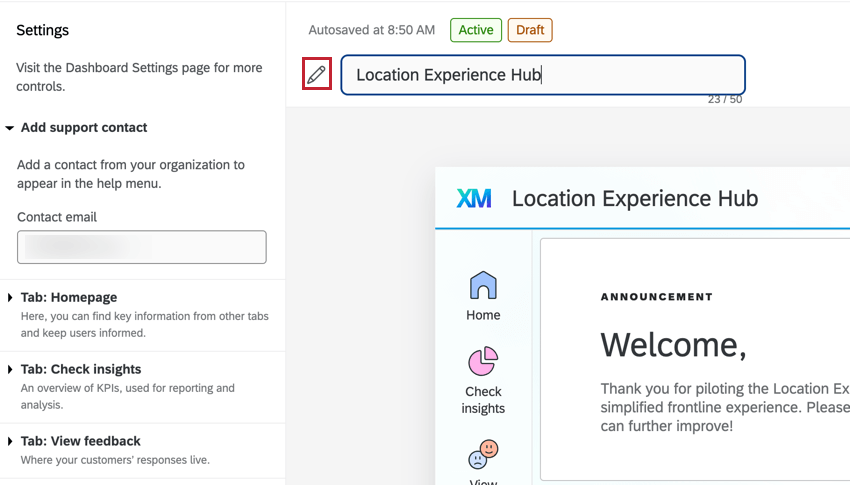 Cambiar el nombre del hub de experiencia en la ubicación