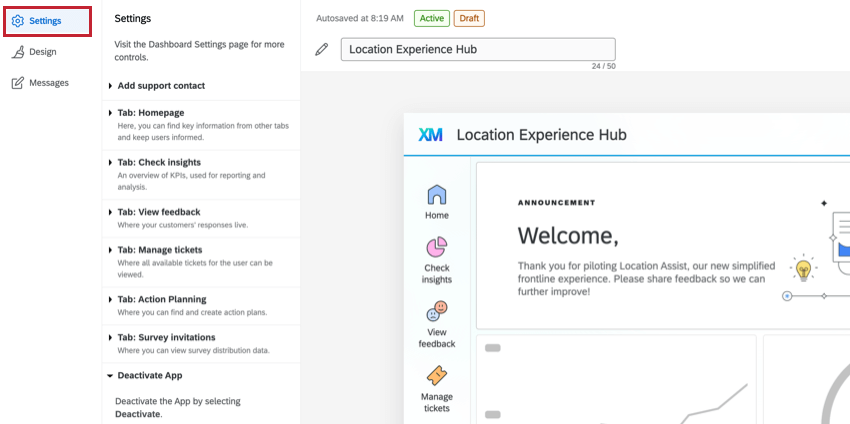 La pestaña Configuración en el hub de experiencia en la ubicación