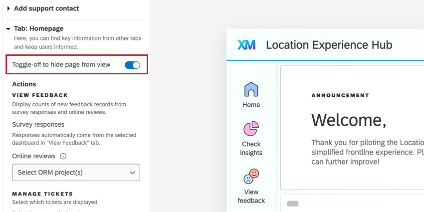 the toggle to hide tabs in location experience hub