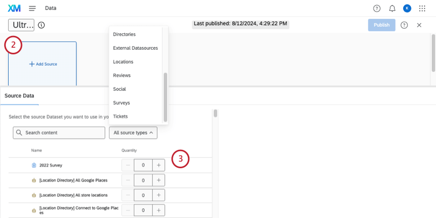 laggiunta di unorigine a un modello di dati mostra anche il menu in cui è possibile filtrare per tipo di origine