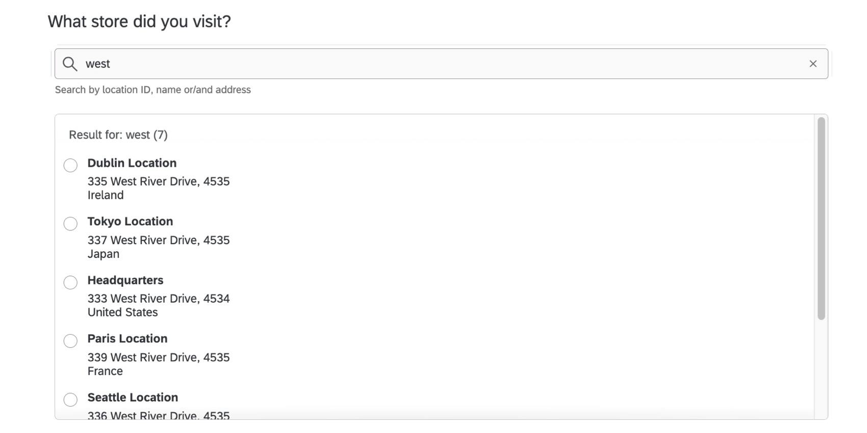an image of the question as it appears in surveys, with a search box, and a series of location options the user can choose from