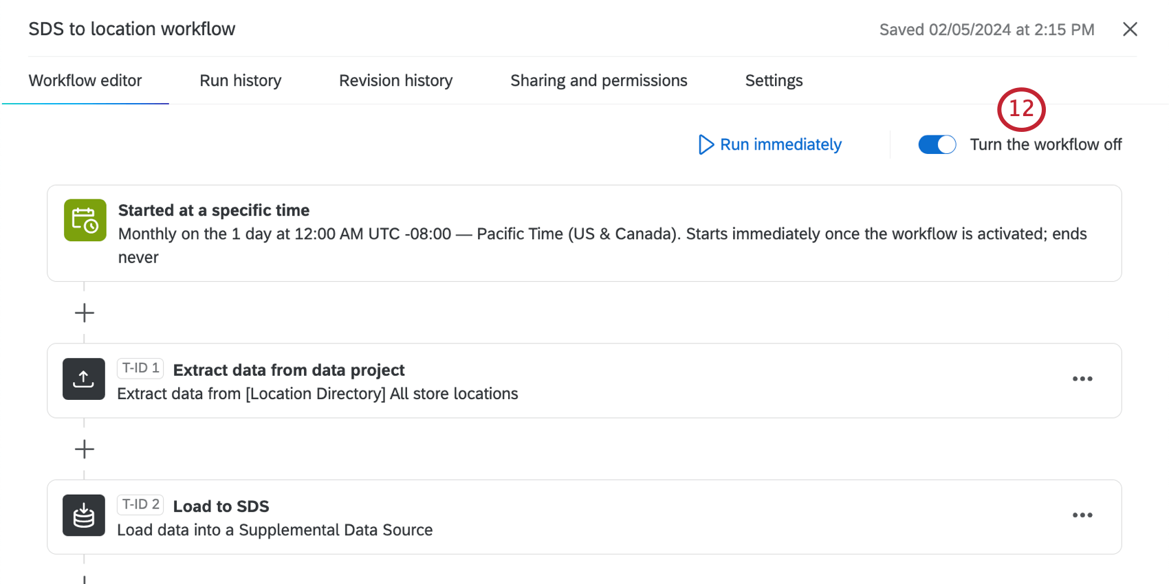 ativação do fluxo de trabalho, tornando o interruptor azul