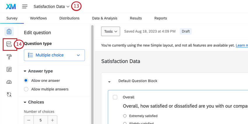 opening survey flow from the menu to the left when inside the survey builder