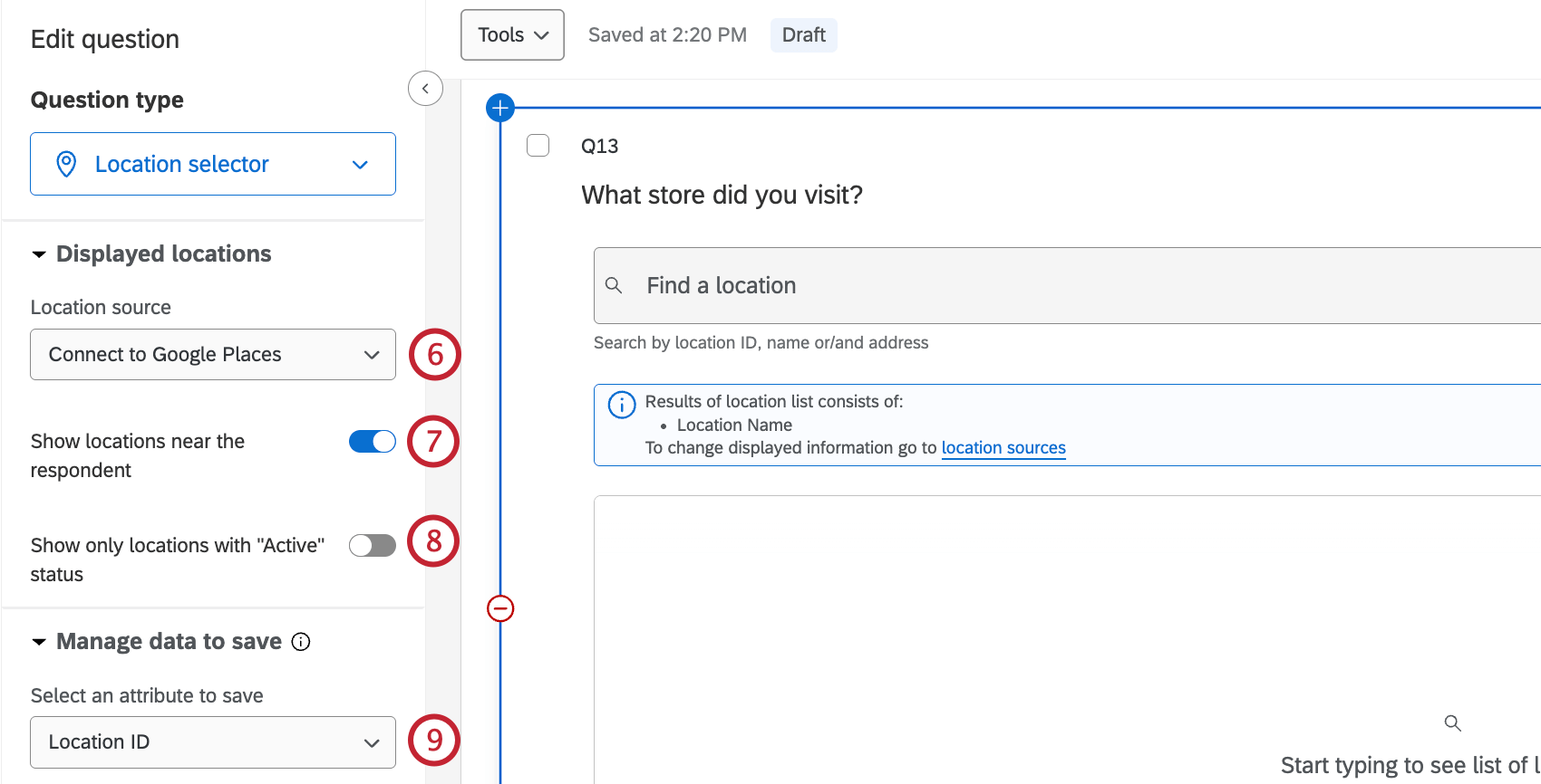 in the survey builder, creating a new location question