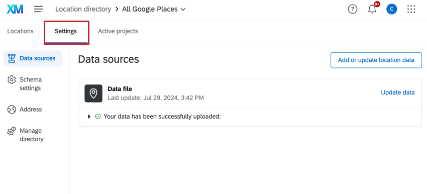 the settings tab in a location directory