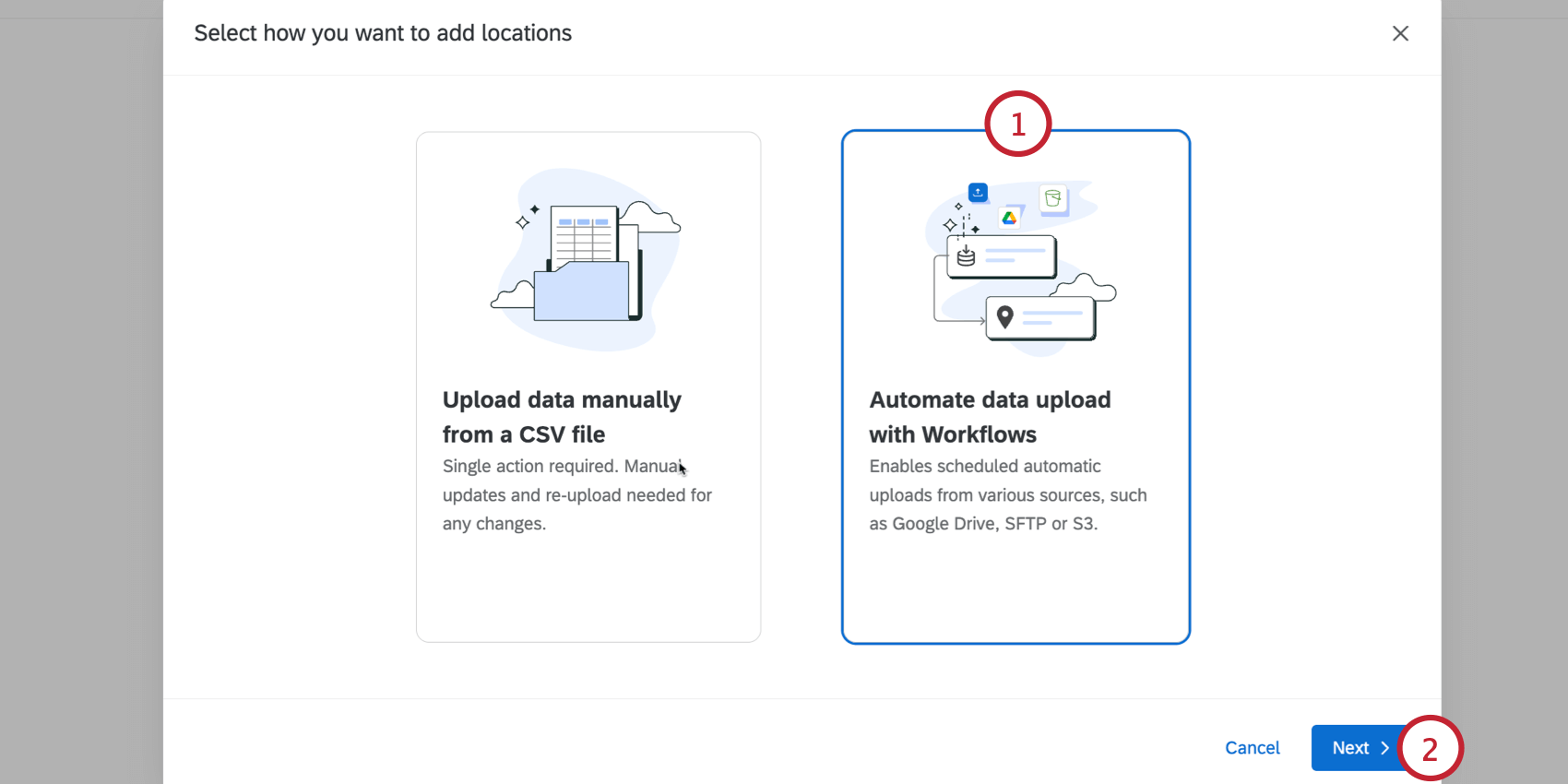 escolher a opção de fluxo de trabalho para fazer upload de dados de localização