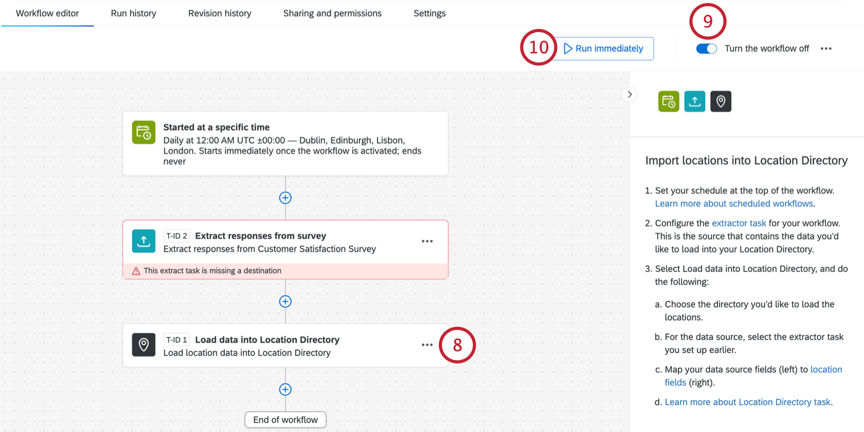 configuring the location loader task, enabling the workflow, and running it