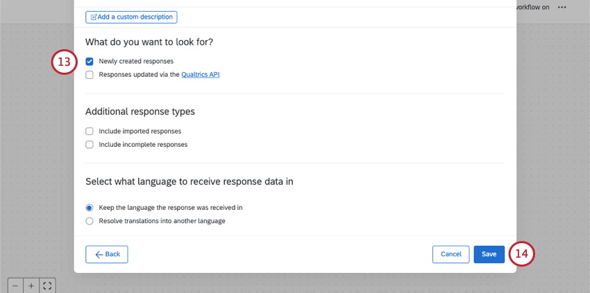 nouvelle fenêtre dans laquelle vous configurez lévènement de réponse à lenquête