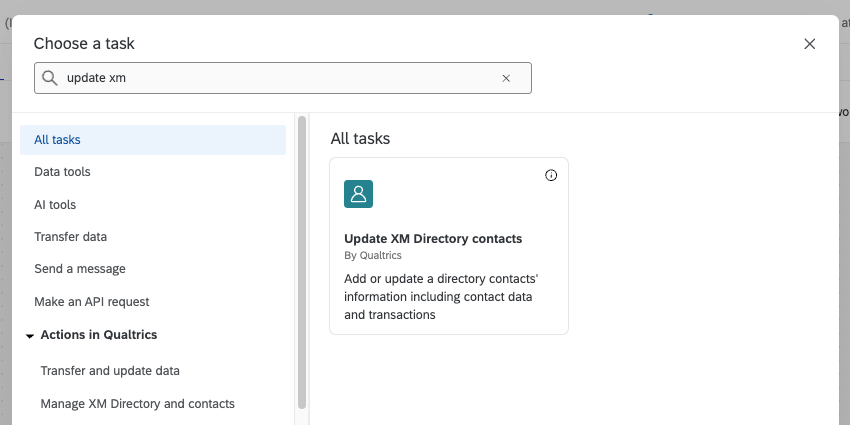 Nueva ventana donde puedes buscar tareas. La tarea de actualizar el xm directory está resaltada.