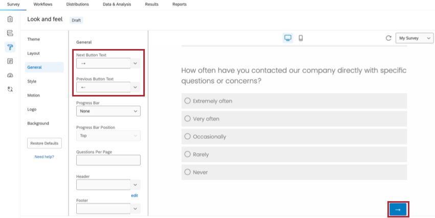 image of the general tab in the look & feel menu. The next and previous button text options are highlighted.