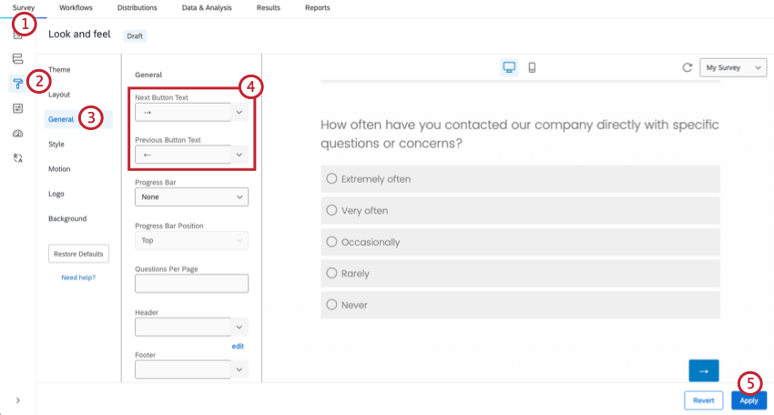 Die Menüoption "Erscheinungsbild &" ist hervorgehoben, die Registerkarte "Allgemein" im &Erscheinungsbild; Menü "Erscheinungsbild". Die Textoptionen Zurück-Schaltfläche werden hervorgehoben.