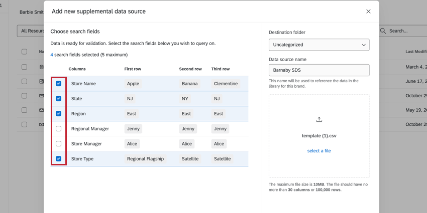 choosing search fields in the supplemental data source