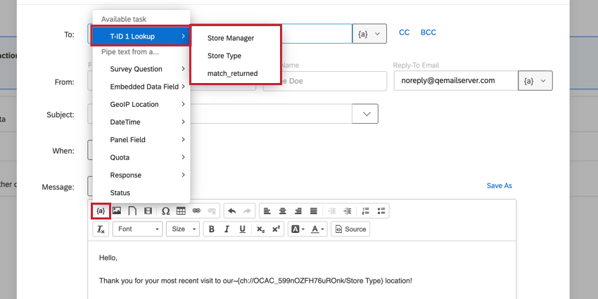 the piped text menu for a task, showing the lookup outputs