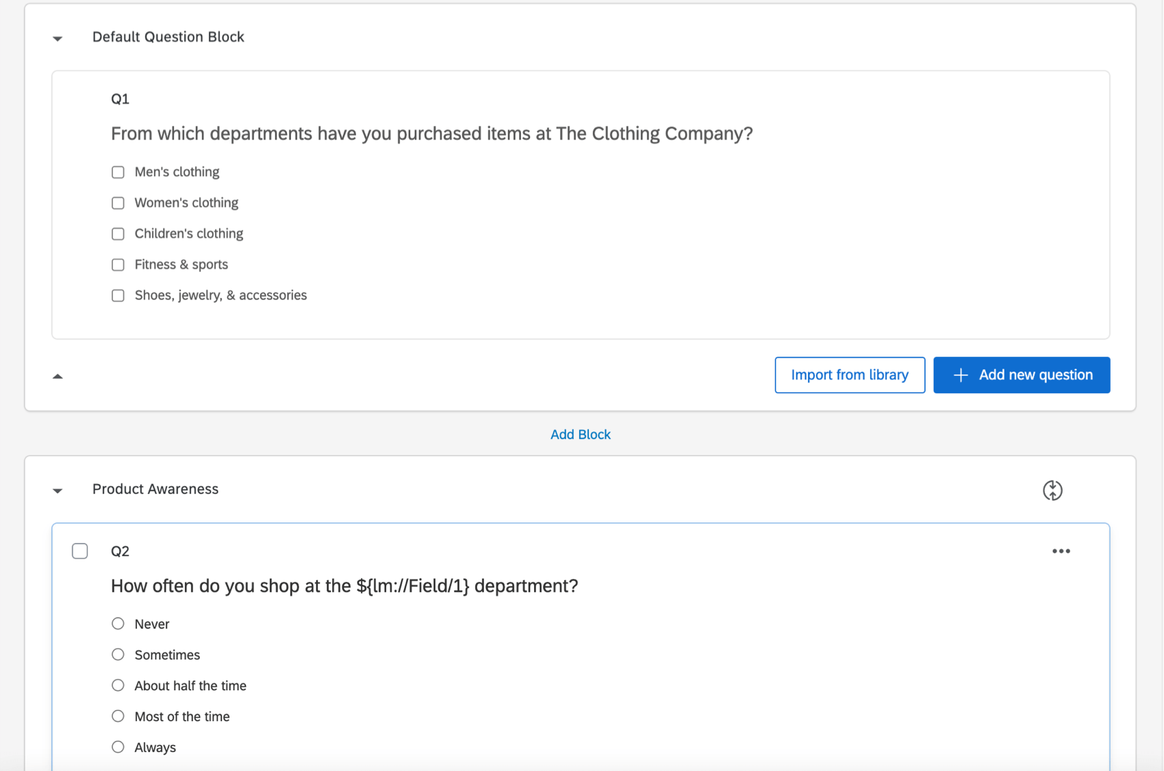 A question in the first block asks a multiple select question. The second block, which has loop and merge turned on, will loop based on this multiple select question.