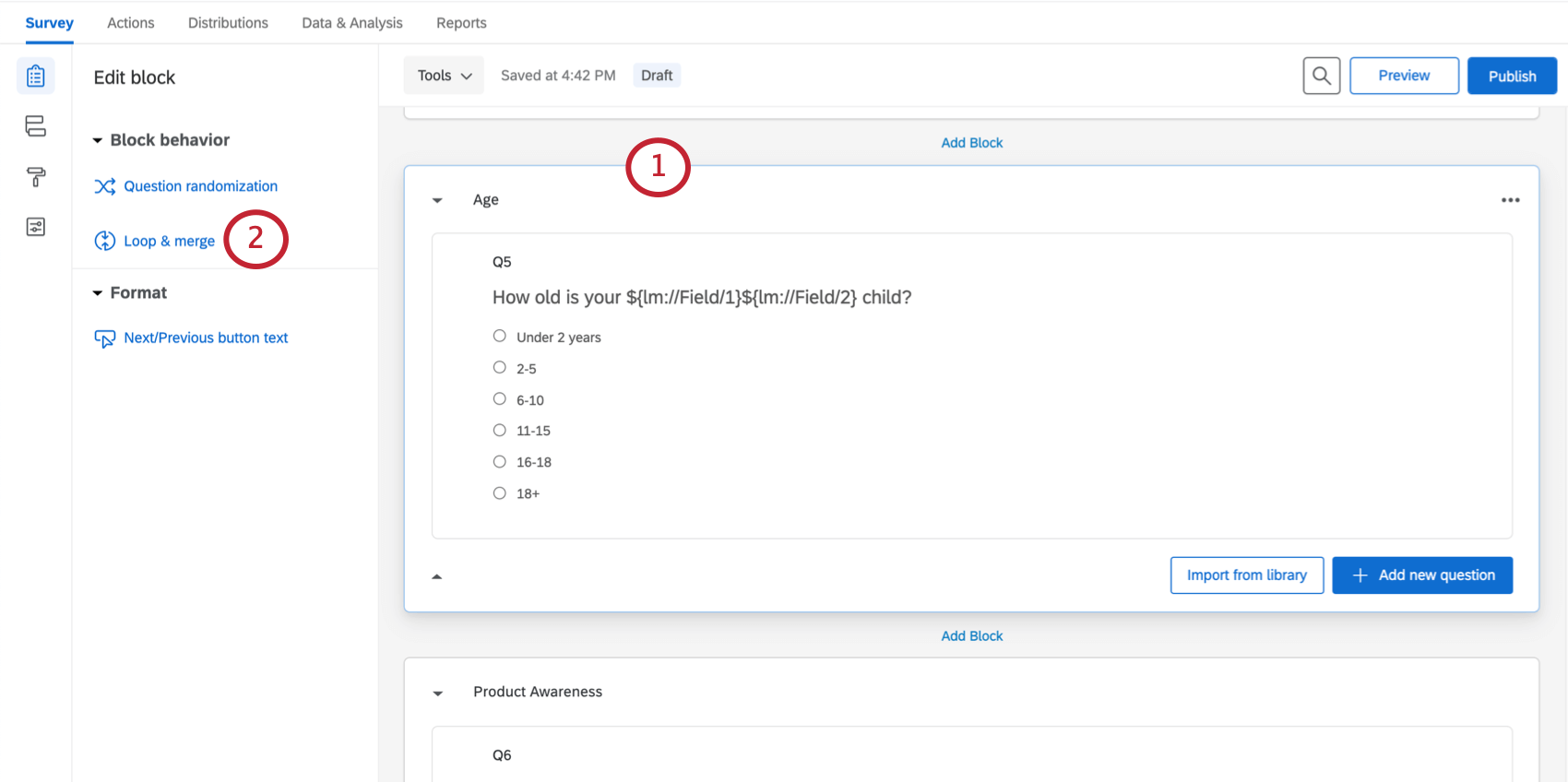 Block clicked; loop and merge option appears in editing pane to left