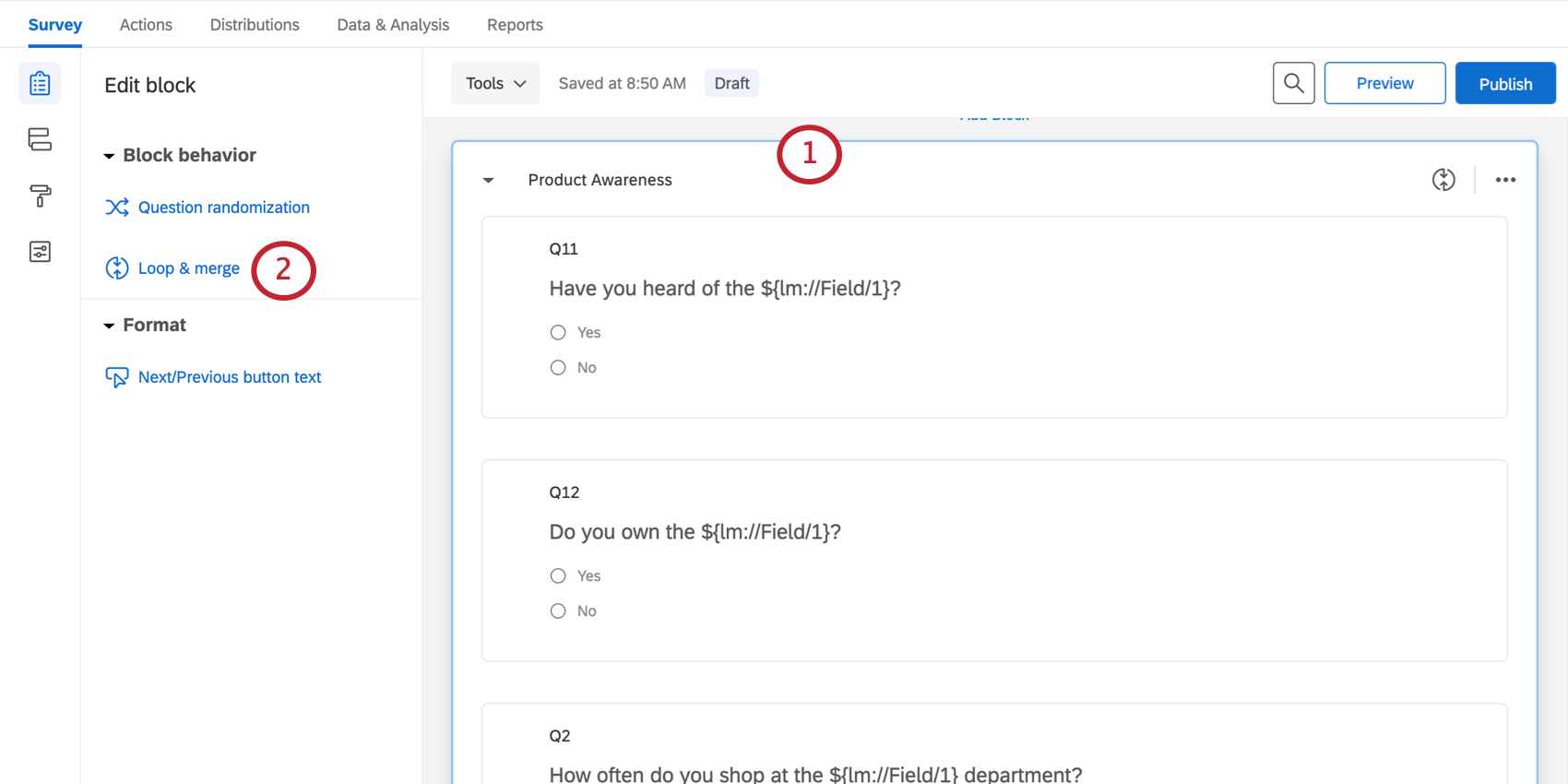 ブロックをクリックすると、左側の編集ペインに［ループと結合］オプションが表示されます。