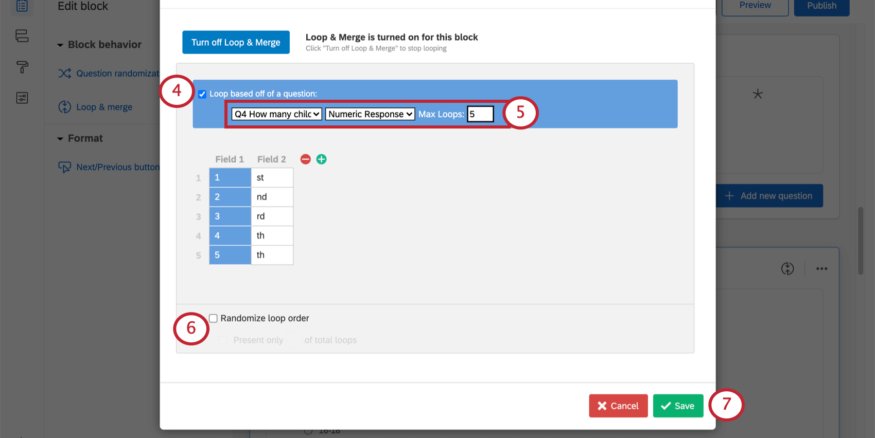 Loop based on a question is selected. The question where they enter numbers is selected. A field called Max Loops appeared. In this example, we typed in 5 for a maximum of 5 loops based on answers given to this question. Randomize loop order is not selected, but you can see the setting at the bottom of the window. Save on lower-right
