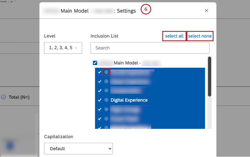 Configure o subconjunto de tópicos que devem ser incluídos no relatório na janela Configurações