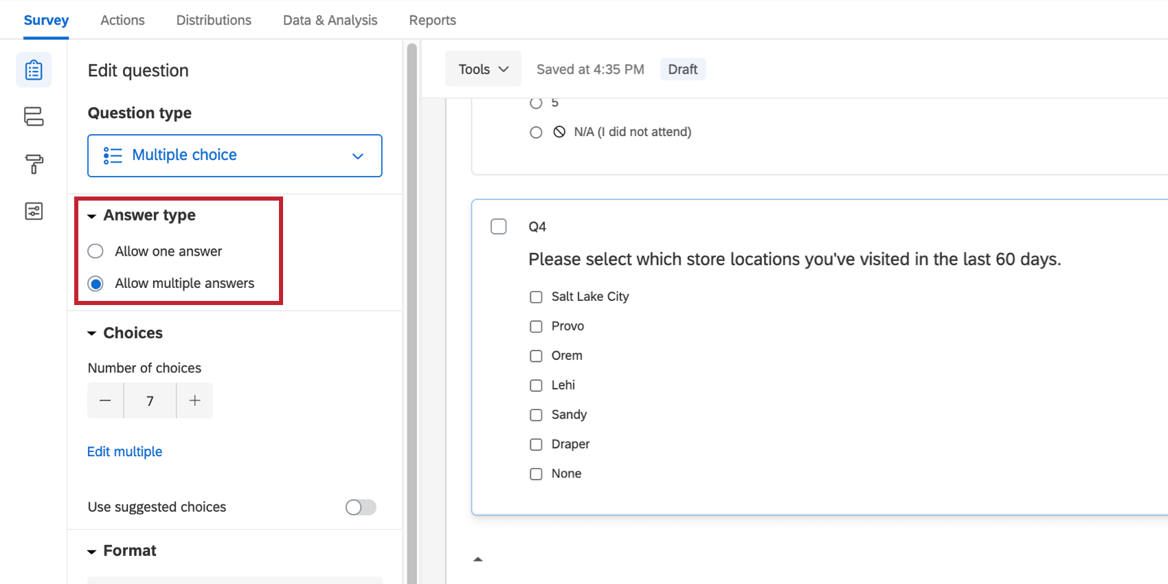 Dans le volet de modification des questions, section pour type de réponse, avec options pour autoriser une réponse et autoriser plusieurs réponses. Vous souhaitez autoriser lactivation de plusieurs réponses.