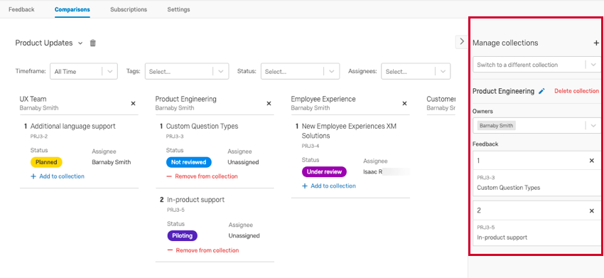 the manage collections window on the right side of the page