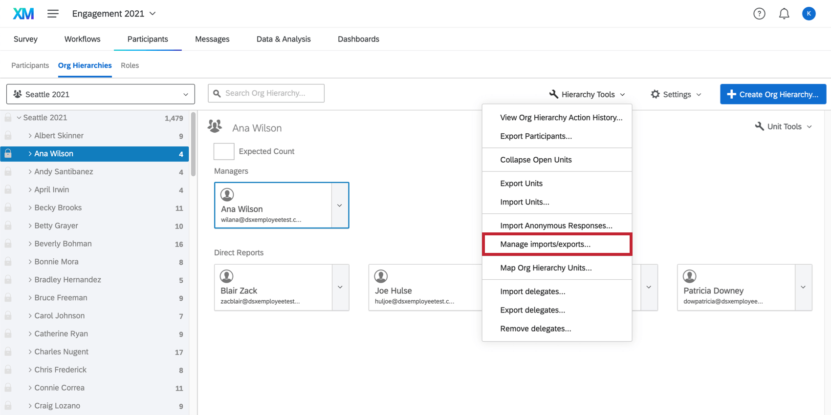 the manage previous imports option in the hierarchy tools menu