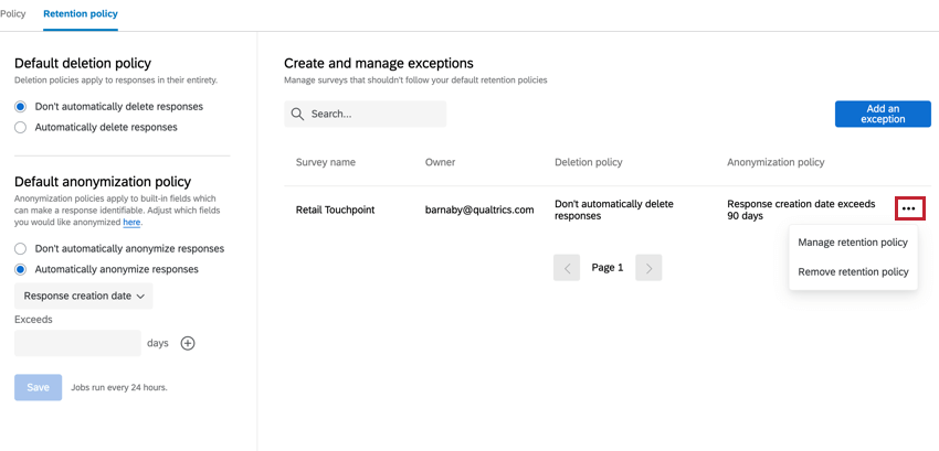 cliquer sur les options du menu pour une exception
