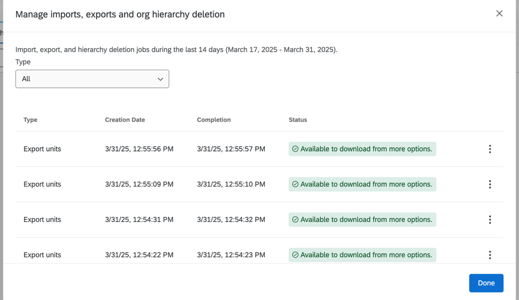 A janela Gerenciar importações anteriores com downloads anteriores listados por progresso, tipo e data