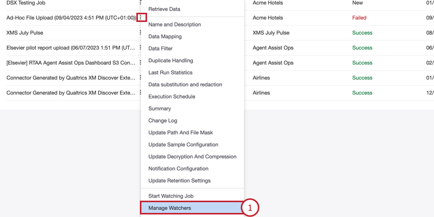 selecting manage job watchers from the job options menu