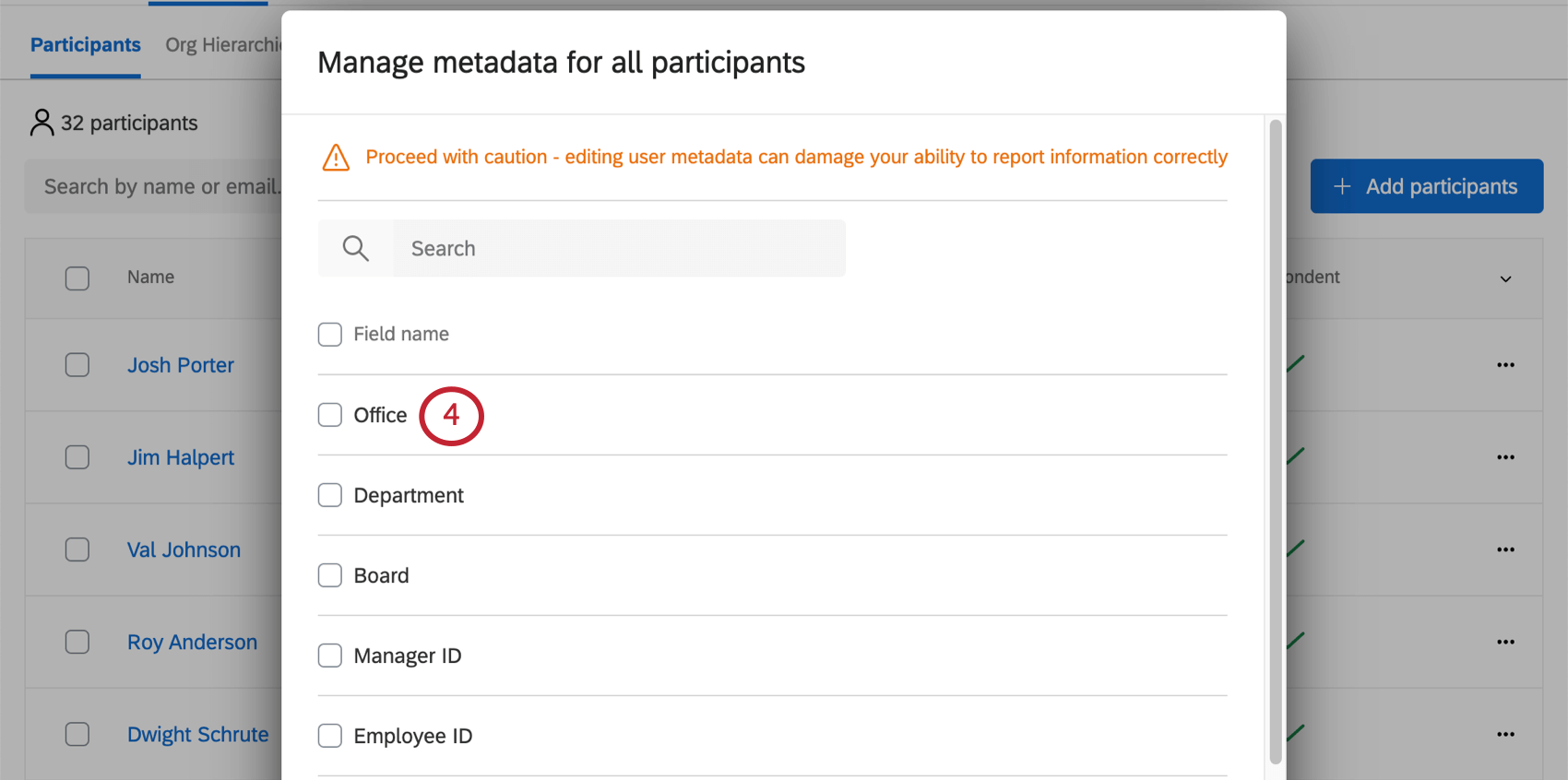 the manage metadata window. click the gear next to a metadata field to delete it