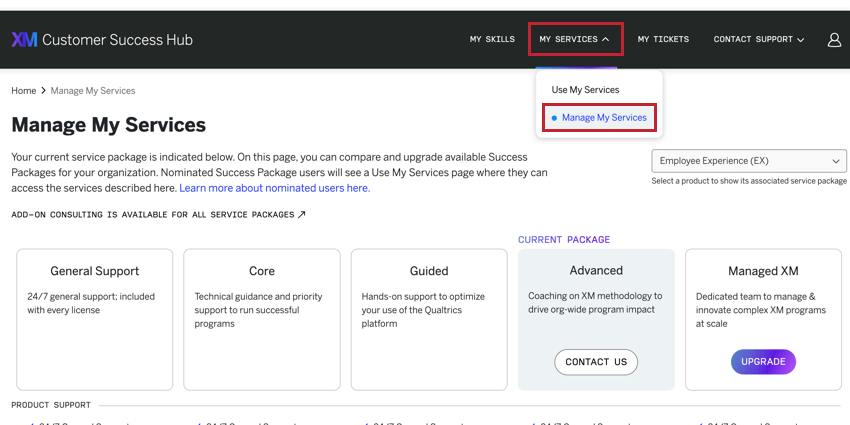 selecionando manage my services (gerenciar meus serviços) no menu suspenso my services (meus serviços)