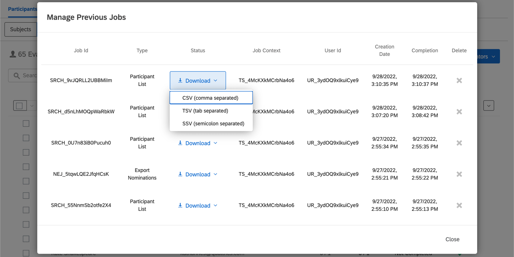 Outra nova janela mostrando todos os trabalhos de exportação anteriores, incluindo um com o botão de download expandido para mostrar os formatos de arquivo