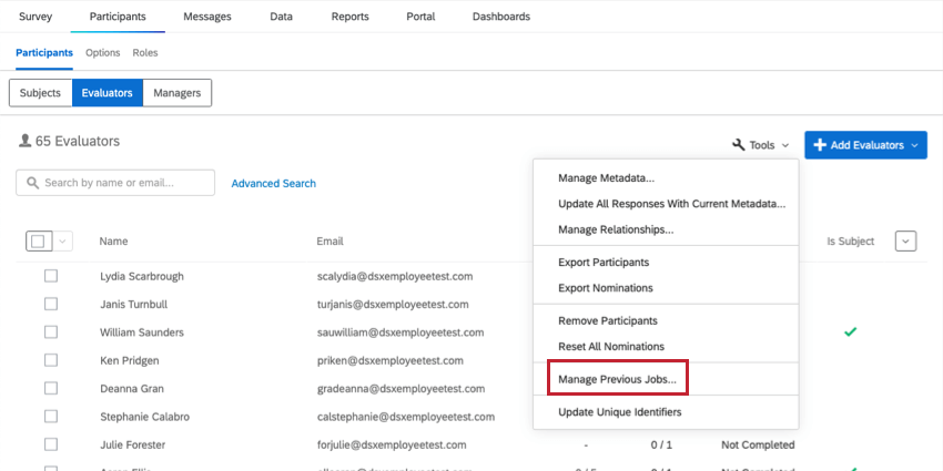 参加者ページでツールを開き、下の方に強調表示されている Manage Previous Jobs をクリックします。