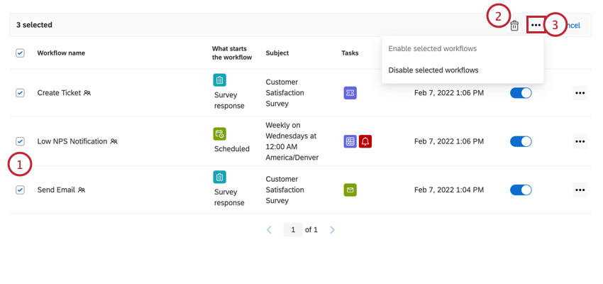Auswählen mehrerer Workflows, um sie gleichzeitig zu verwalten
