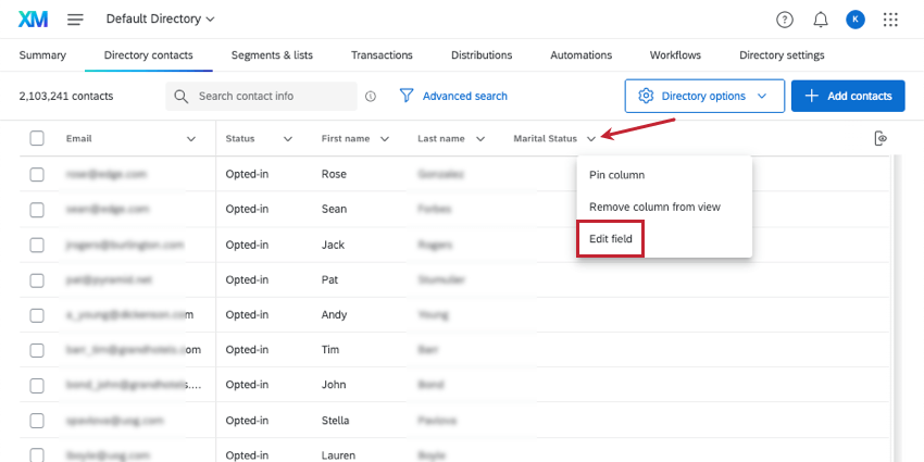 header menu expanded to show edit field option described