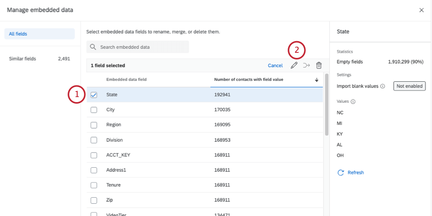 in new page, selecting fields to edit