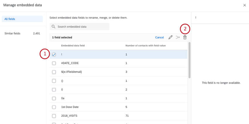 選択したフィールドの上にごみ箱アイコン
