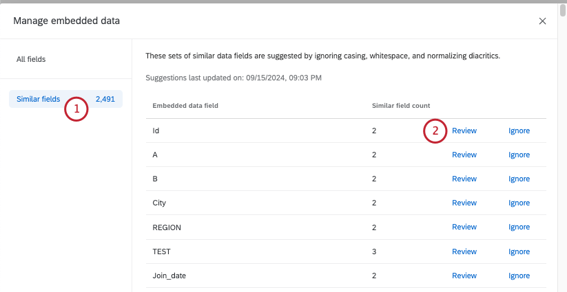 similar fields selected from left, opening the merge page