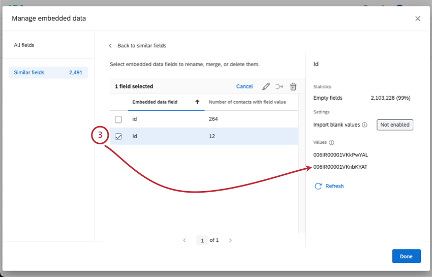selecting fields shows information about them to the right