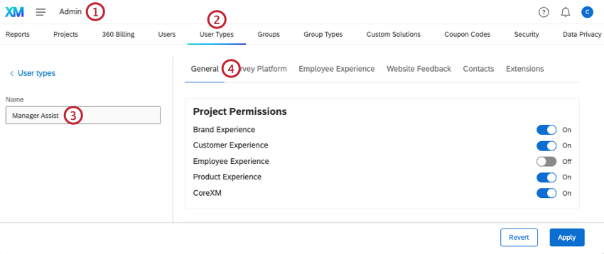 permissions within the "user types" section of admin tab
