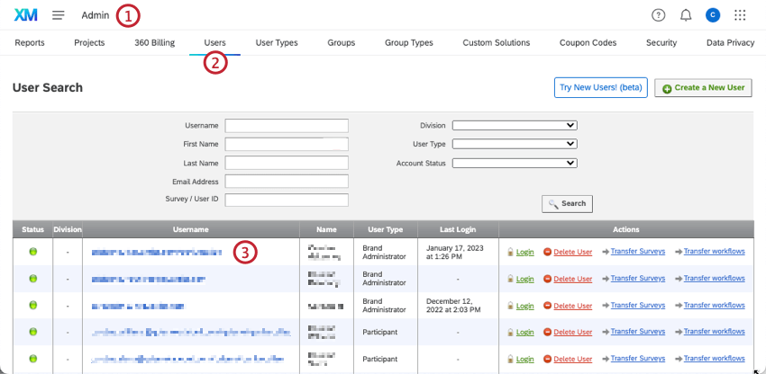 users tab within admin menu