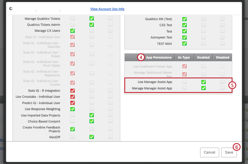 autorisations de manager assist pour un utilisateur individuel