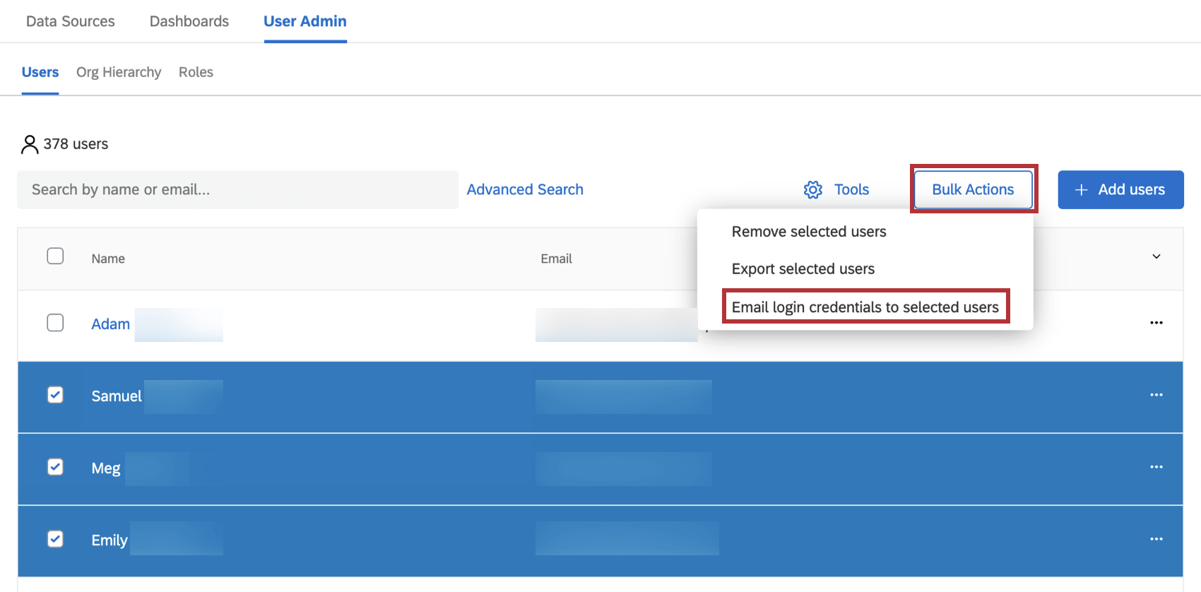 Con Seleccionado en azul a la izquierda y Herramientas en blanco en la parte superior derecha
