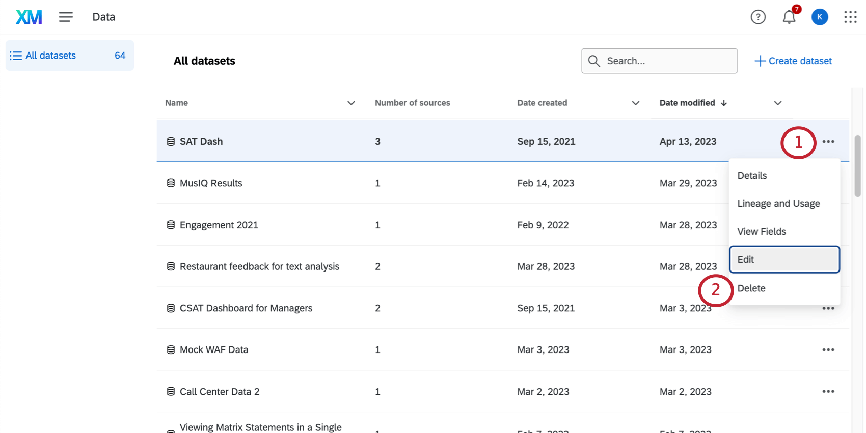 clicking 3 dots on a dataset, selecting delete