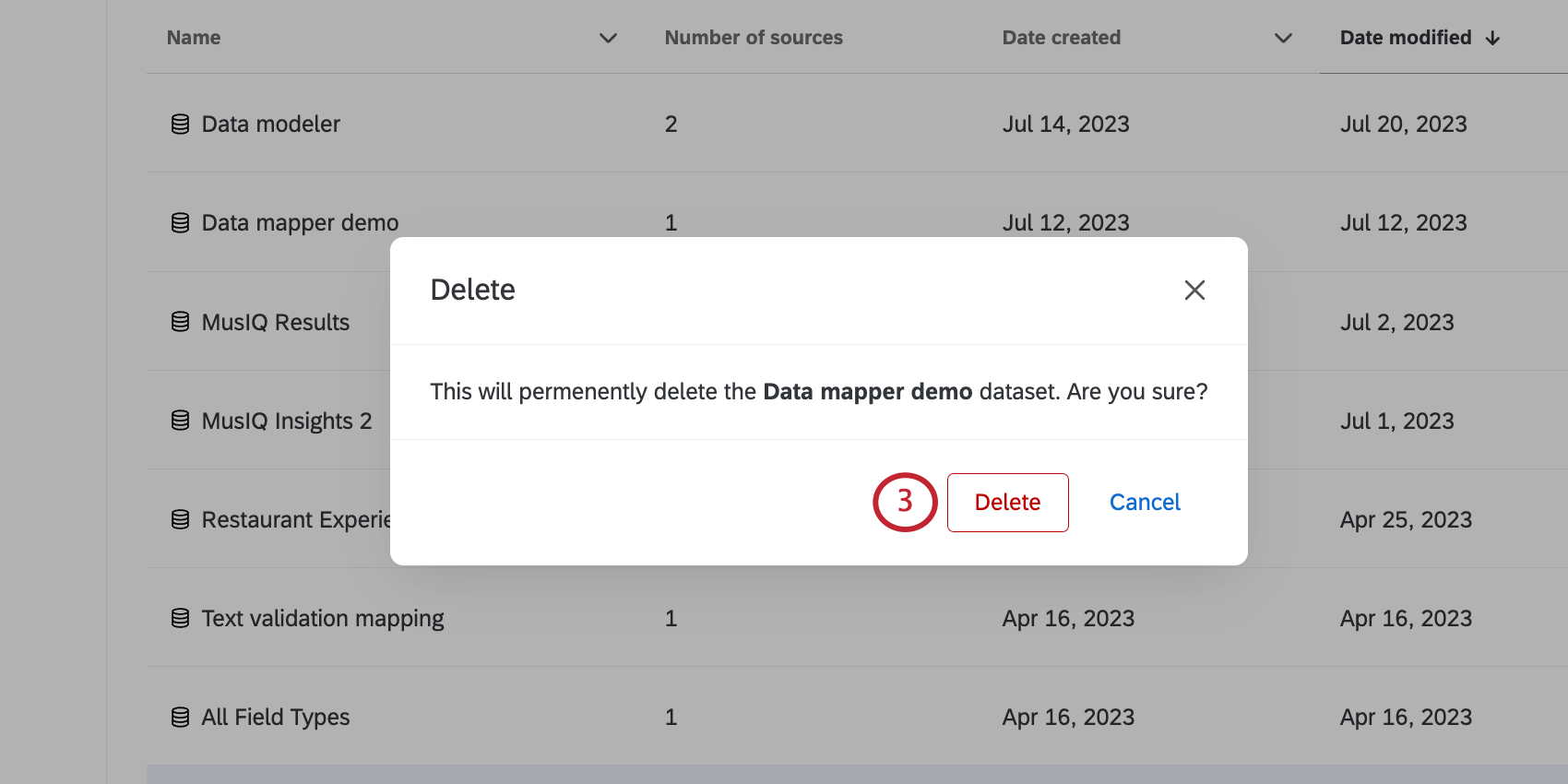 new window where you confirm deletion