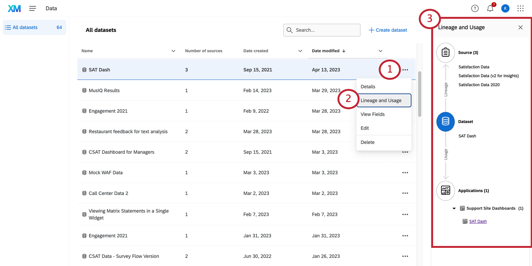 clicking 3 dots on a dataset, choosing lineage, and seeing the menu that opens to the right