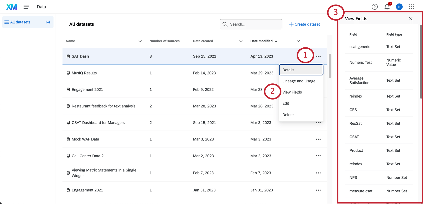 en cliquant sur les 3 points dun jeu de données, en sélectionnant "view fields", puis en voyant le menu qui souvre à droite