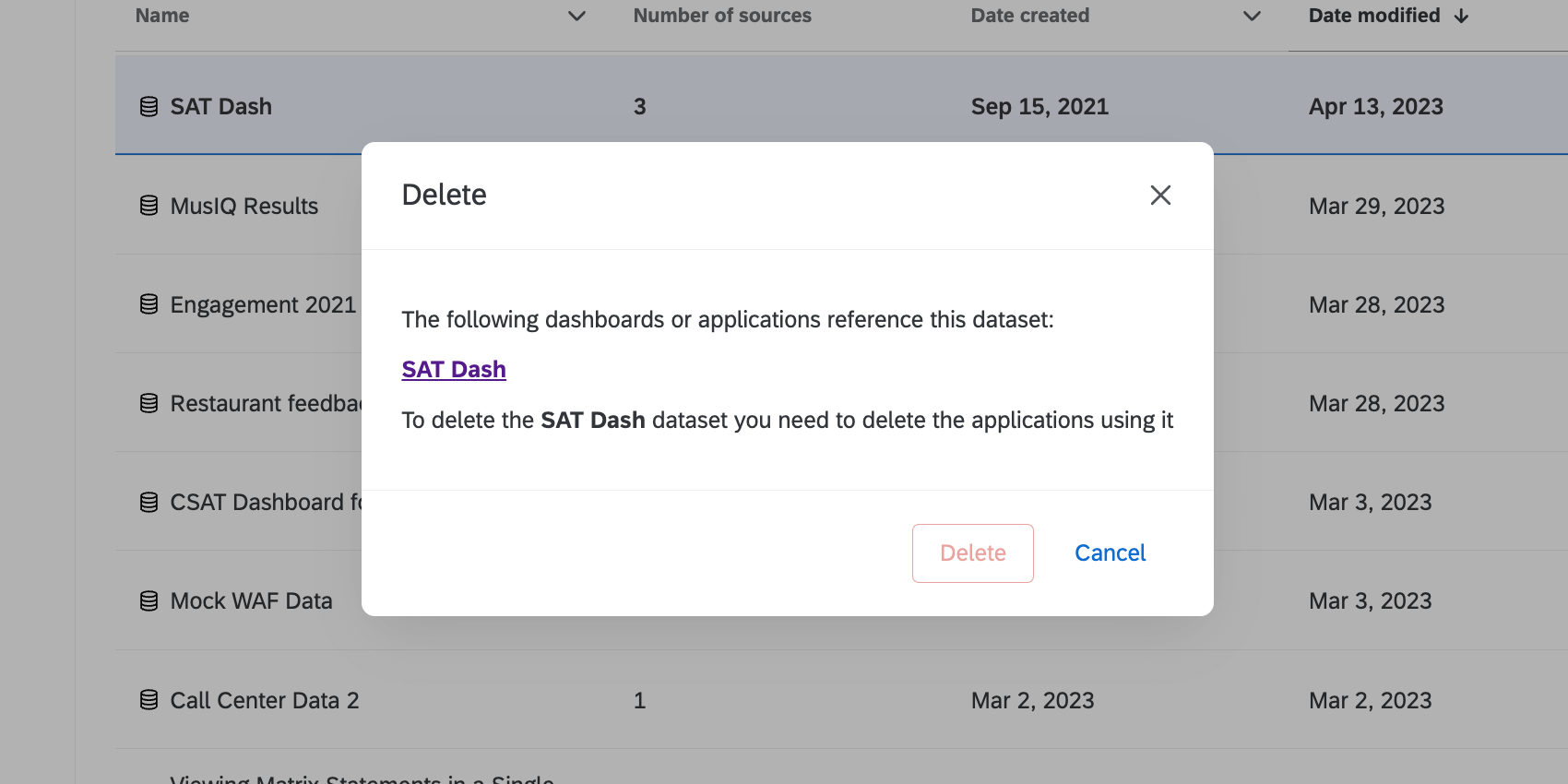 削除しようとしているデータセットがダッシュボードで使われていることを警告するウィンドウ